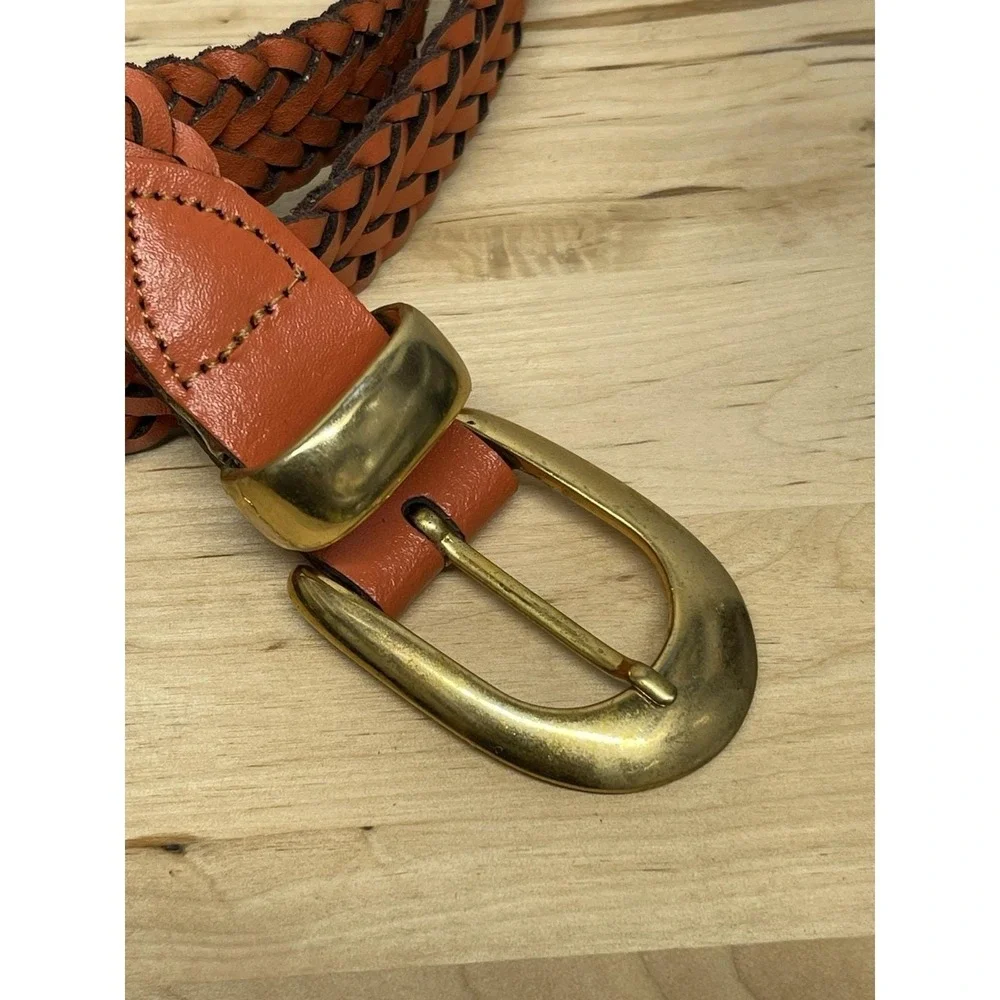Women's S/M Belt Orange Woven Braided Genuine Leather Solid Brass Buckle Western